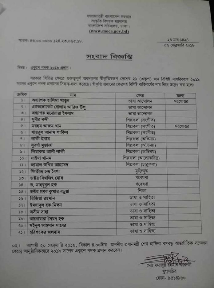 একুশে পদক তালিকা